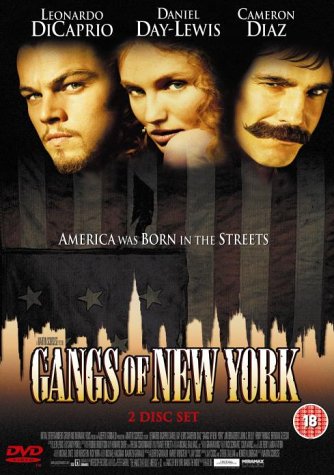 DVD cover for "Gangs Of New York" featuring Leonardo DiCaprio, Daniel Day-Lewis, and Cameron Diaz.