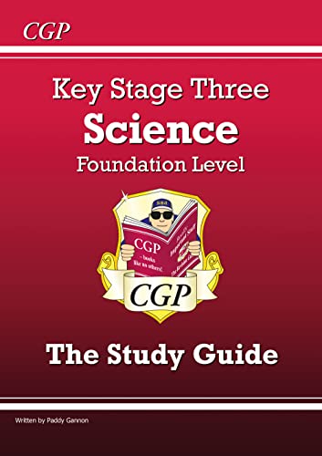 Red CGP Key Stage Three Science Foundation Level study guide cover with cartoon character.