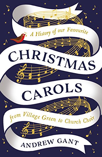 Book cover: "Christmas Carols" with musical notes, a robin, and white ribbons.