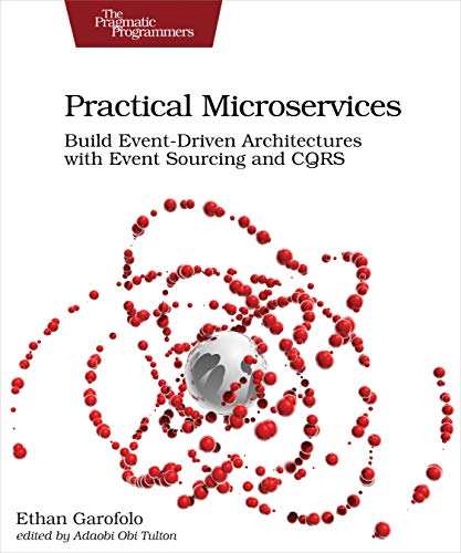 Book cover: "Practical Microservices" with abstract red sphere network design.