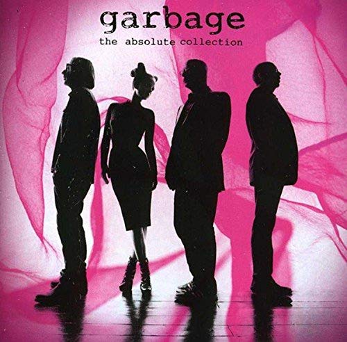 Silhouettes of the band Garbage against a vibrant pink, textured background.