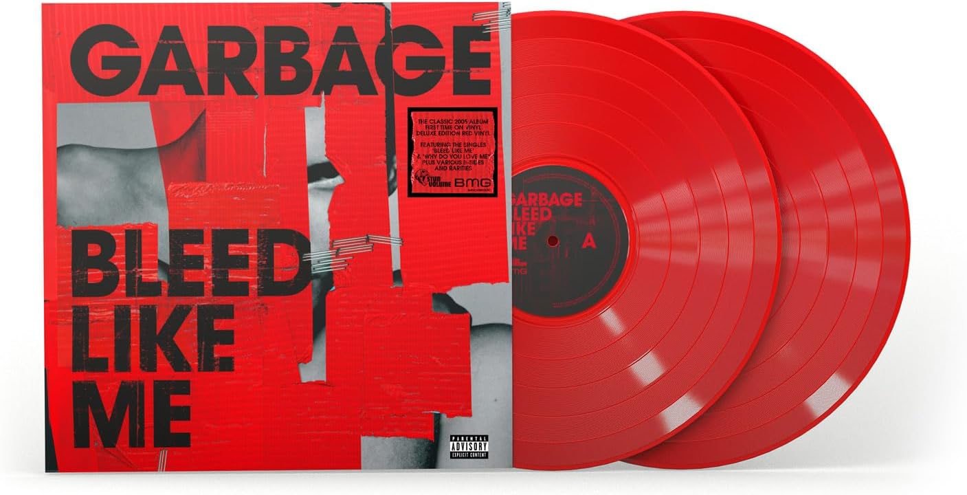 Red "Bleed Like Me" Garbage vinyl record with album cover shown.