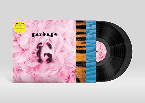 Garbage album cover featuring pink feathers with a black vinyl record and inner sleeve.