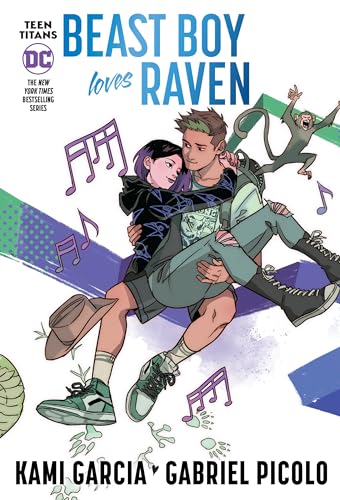 Beast Boy carrying Raven, with a green monkey, on a colorful book cover.