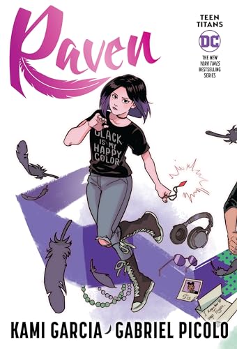 Graphic novel cover featuring Raven with purple-tipped hair surrounded by floating feathers and items.