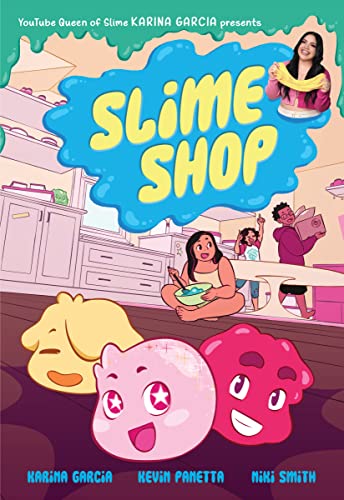 Book cover for "Slime Shop" featuring colorful slime and cartoon people.