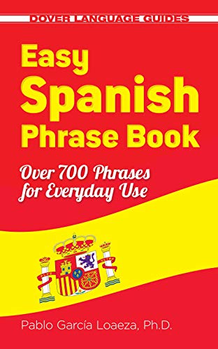 Easy Spanish Phrase Book cover with yellow text on red background and Spanish coat.