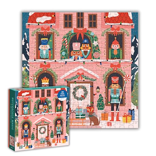 Completed 1000-piece jigsaw puzzle of a pink house decorated for Christmas with nutcrackers.