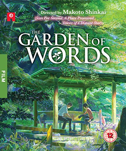 “Garden of Words” Blu-ray cover: two figures sit in a lush garden gazebo.