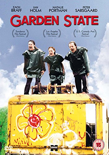 “Garden State” DVD cover featuring three figures in raincoats on a yellow vehicle.