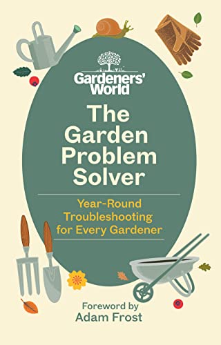 Book cover with gardening tools, a snail, and the title “The Garden Problem Solver.”