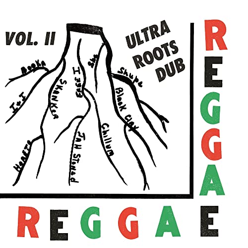Vinyl record cover with illustrated roots and bold “Reggae” text.