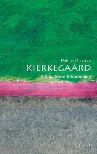 Book cover with green, pink, and gray abstract paint strokes; title "Kierkegaard".