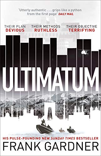 Book cover for "Ultimatum" by Frank Gardner, featuring a city skyline and ships.