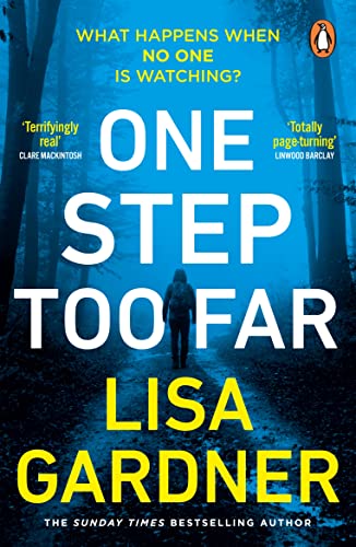 Book cover: woman walking into dark woods, title "One Step Too Far".