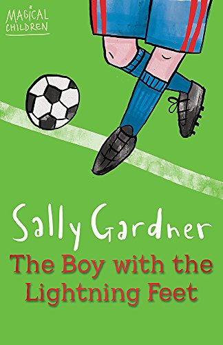 Boy’s legs kicking a soccer ball on a green background.