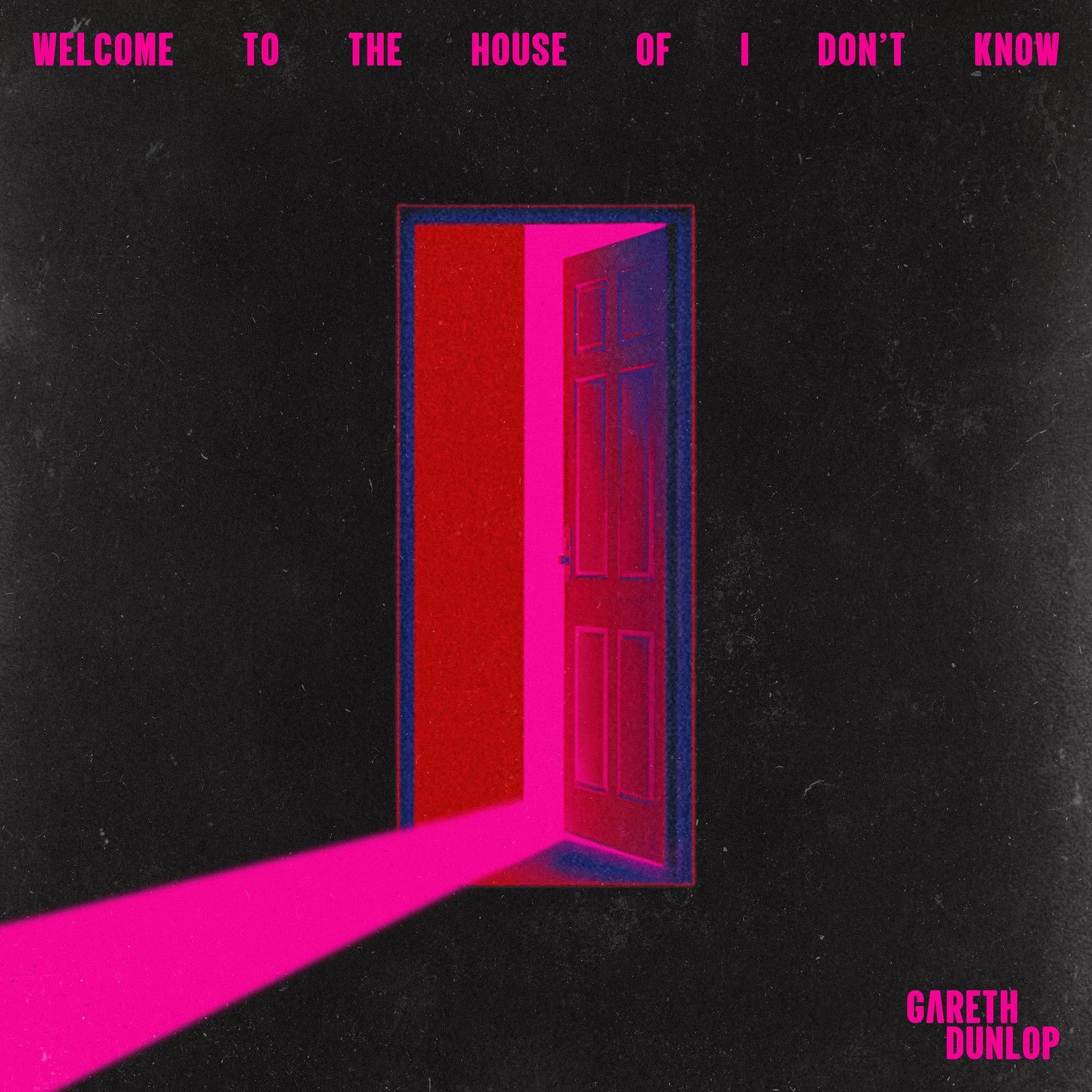 Album cover: open red door with pink light on black background.