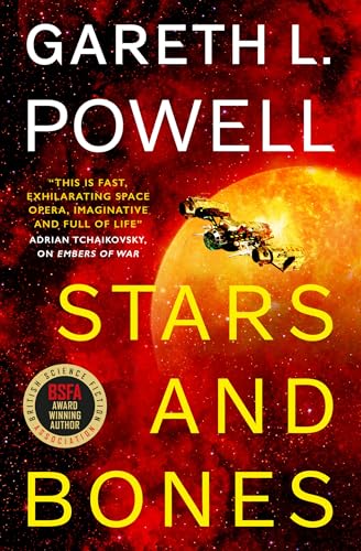Book cover featuring a spaceship flying past a glowing planet against a red nebula.