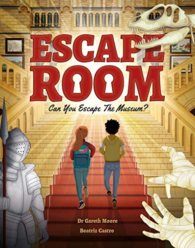 Book cover: two children on museum stairs with dinosaur and knight.