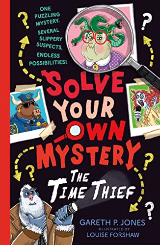 Book cover illustration featuring a magnifying glass, cartoon characters, and the title text.