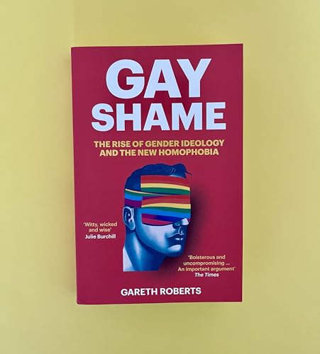 Book cover of Gay Shame by Gareth Roberts, featuring a face blindfolded by rainbow stripes.