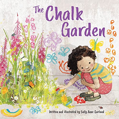 Book cover: girl drawing a colorful flower garden with chalk.