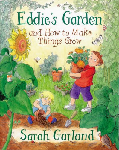 Book cover: children gardening with flowers, sunflowers, and insects.