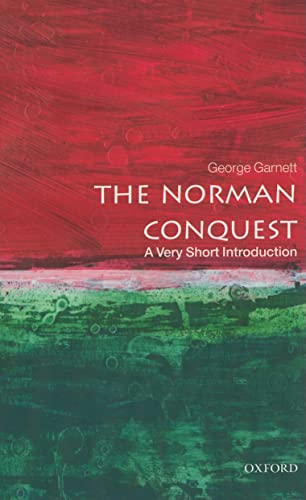 Book cover for The Norman Conquest with abstract red and green painted background.