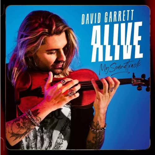CD cover: David Garrett holding a violin, blue background, tattooed arms.