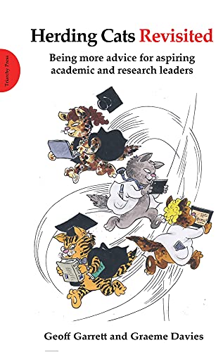 Book cover: cartoon cats running with academic items like laptops and papers.
