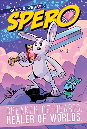 Cartoon bunny with sword, facing forward, against a purple and pink backdrop.