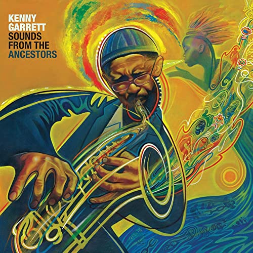 Colorful painting of Kenny Garrett playing saxophone with stylized ancestral figures on yellow background.