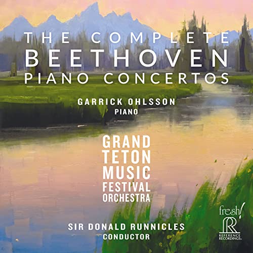 CD cover: Mountains, river, text listing Beethoven piano concertos and performers.