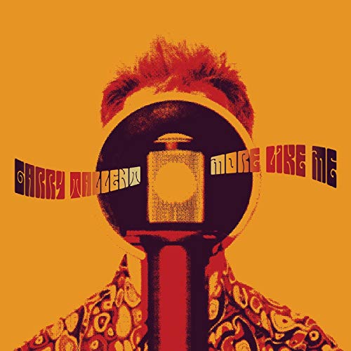 "Album cover featuring a man with a microphone, orange background, and stylized text."