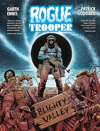 Comic cover featuring a blue-skinned soldier in a war-torn landscape.