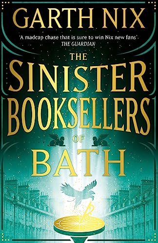 Book cover: "The Sinister Booksellers of Bath" with birds and city scene.
