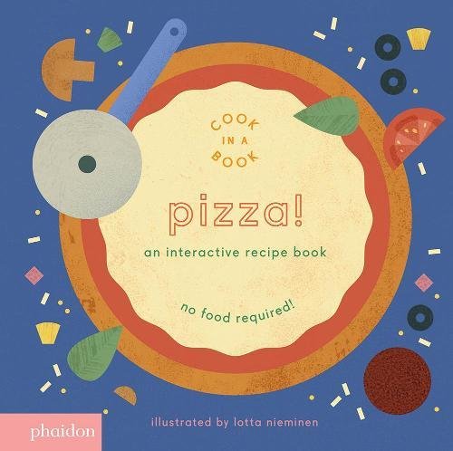 Book cover showing a pizza illustration with a pizza cutter on a blue background.