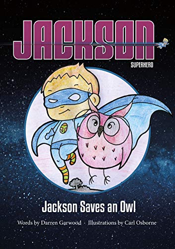 Boy superhero with owl, book cover illustration, colorful, nighttime sky background.