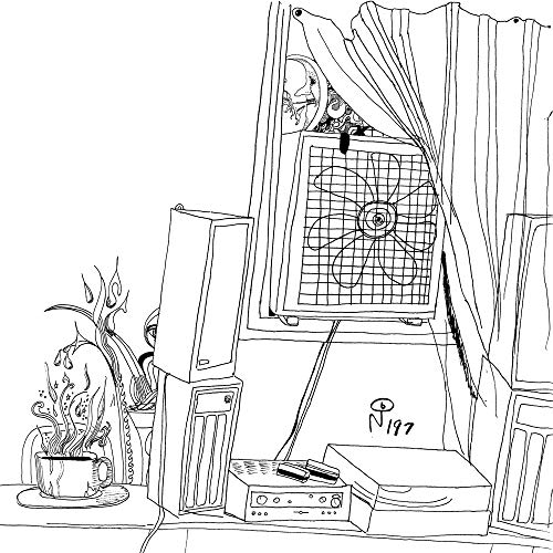Black and white line drawing of a room with a window fan, speakers, and coffee.