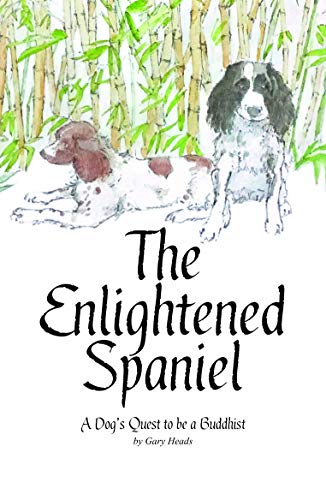 Watercolor illustration of two spaniels amidst bamboo, book title visible.