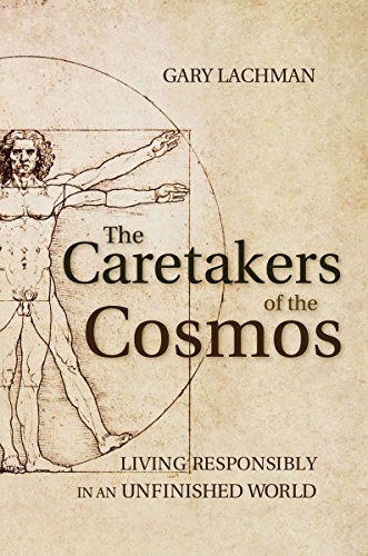 Book cover: “The Caretakers of the Cosmos” with a Vitruvian Man illustration.