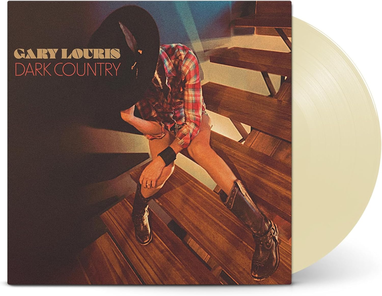 Vinyl record cover showing a person in a plaid shirt sitting on wooden stairs.