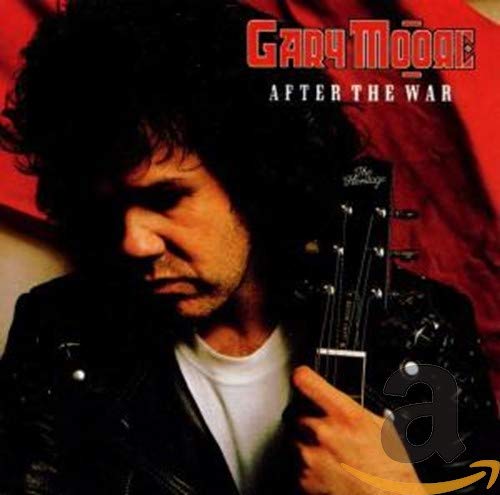 Gary Moore holding a guitar with red background on the After The War album.