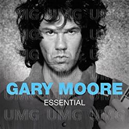 Black and white portrait of Gary Moore with blue text overlay on CD cover.