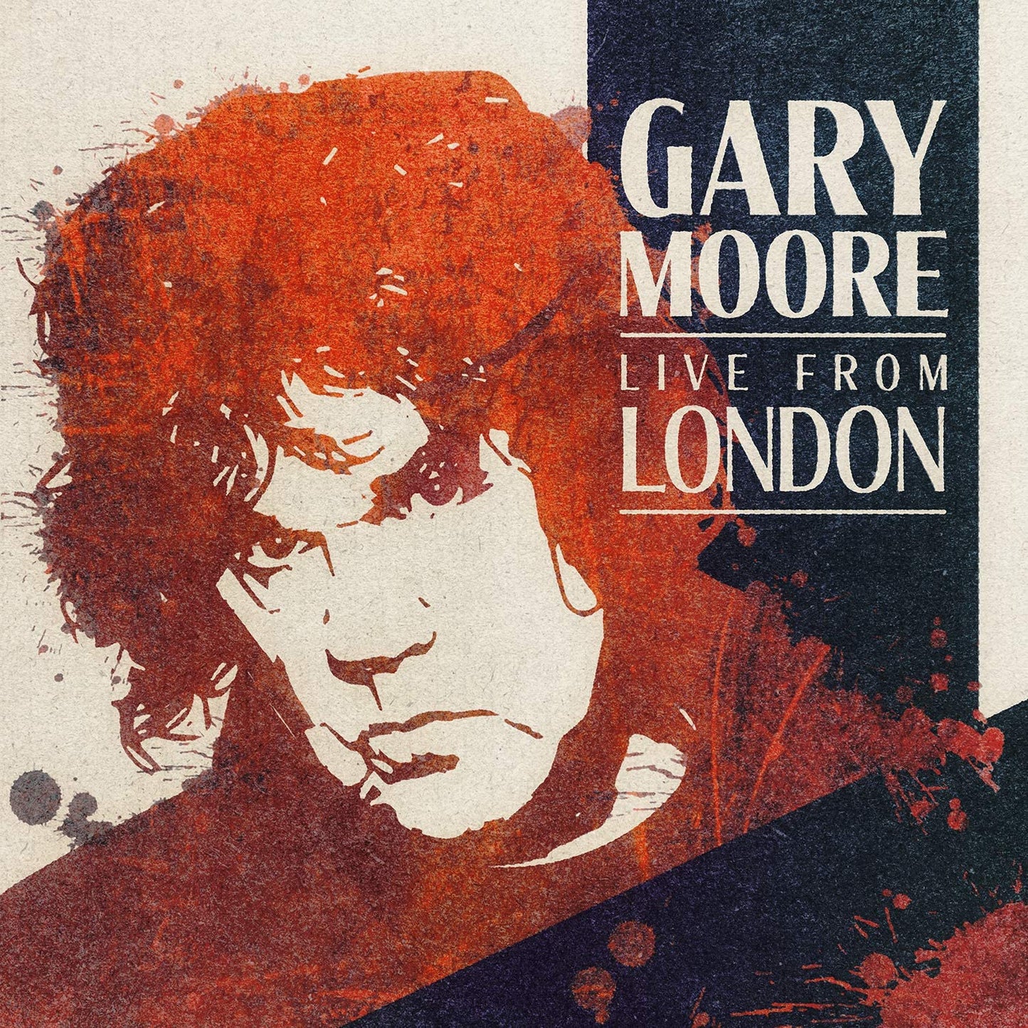 Album cover with a red-toned illustration of a man's face and "GARY MOORE LIVE FROM LONDON" text.
