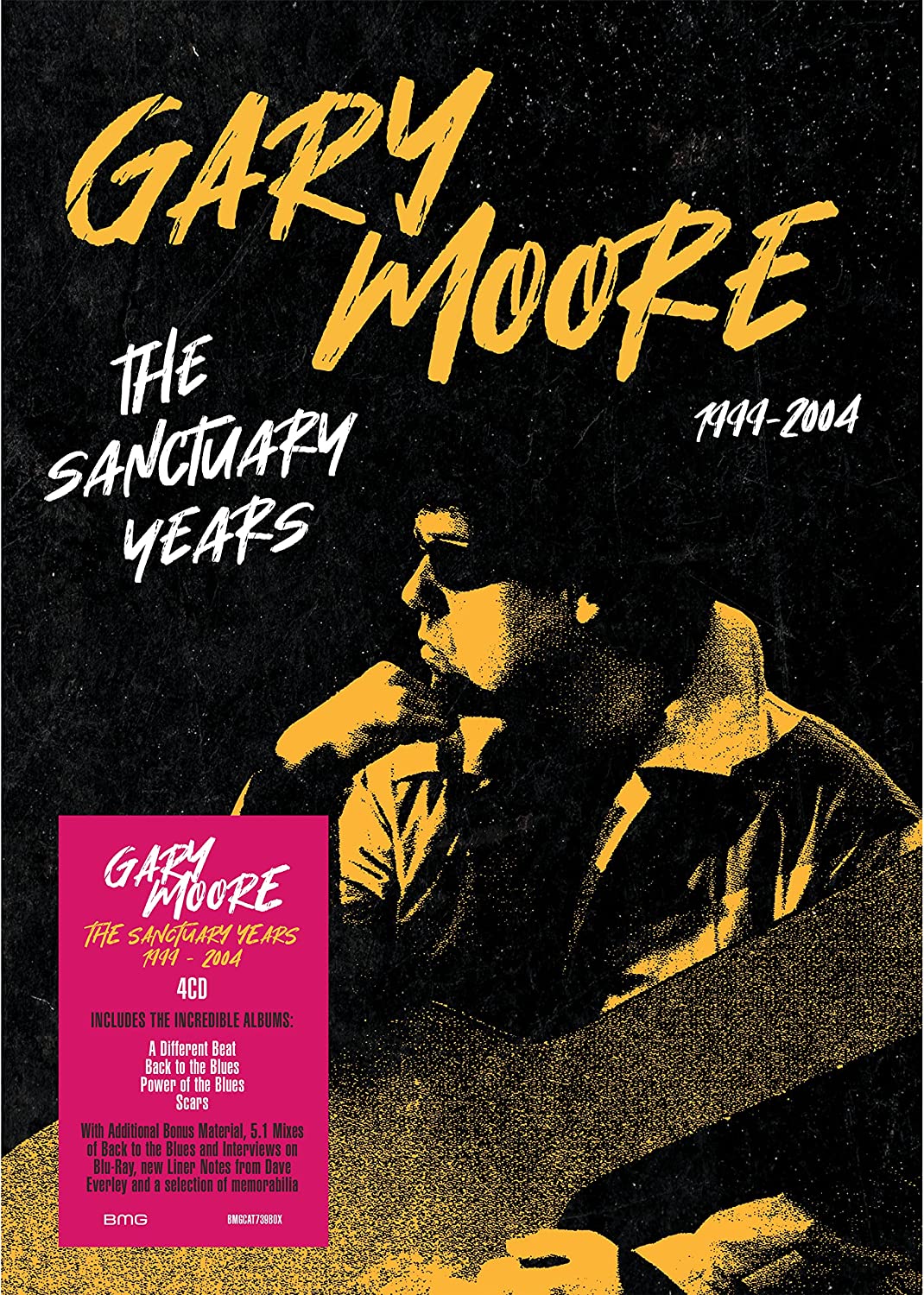 Gary Moore's "The Sanctuary Years" boxset cover featuring a black and white portrait.