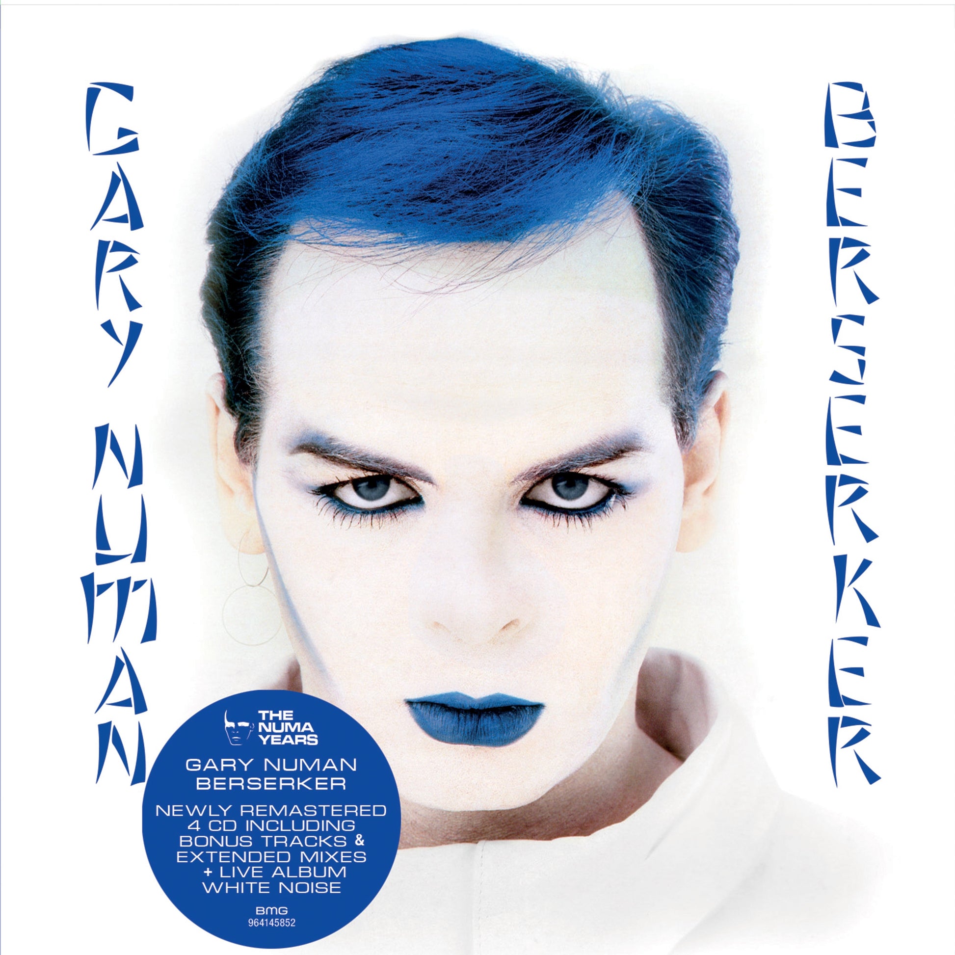 Gary Numan with blue hair and makeup on the Berserker album cover.