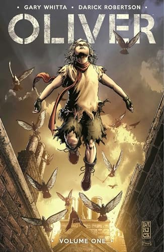A young boy in tattered clothes leaps above city rooftops surrounded by flying birds.