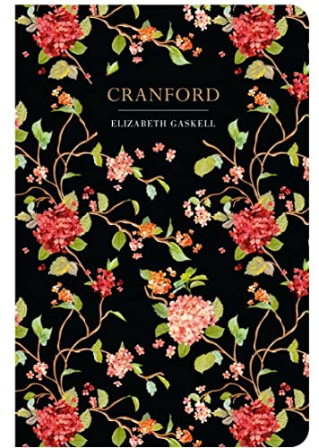 Book cover for Cranford by Elizabeth Gaskell with a black floral pattern background.