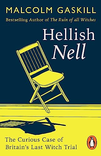 Book cover: "Hellish Nell" with a yellow folding chair illustration.